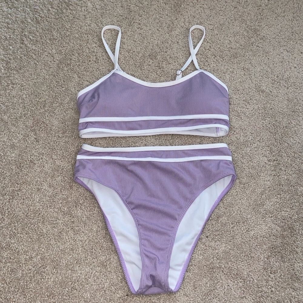 Lilac & White Rib Contrast Binding Bikini Swimsuit